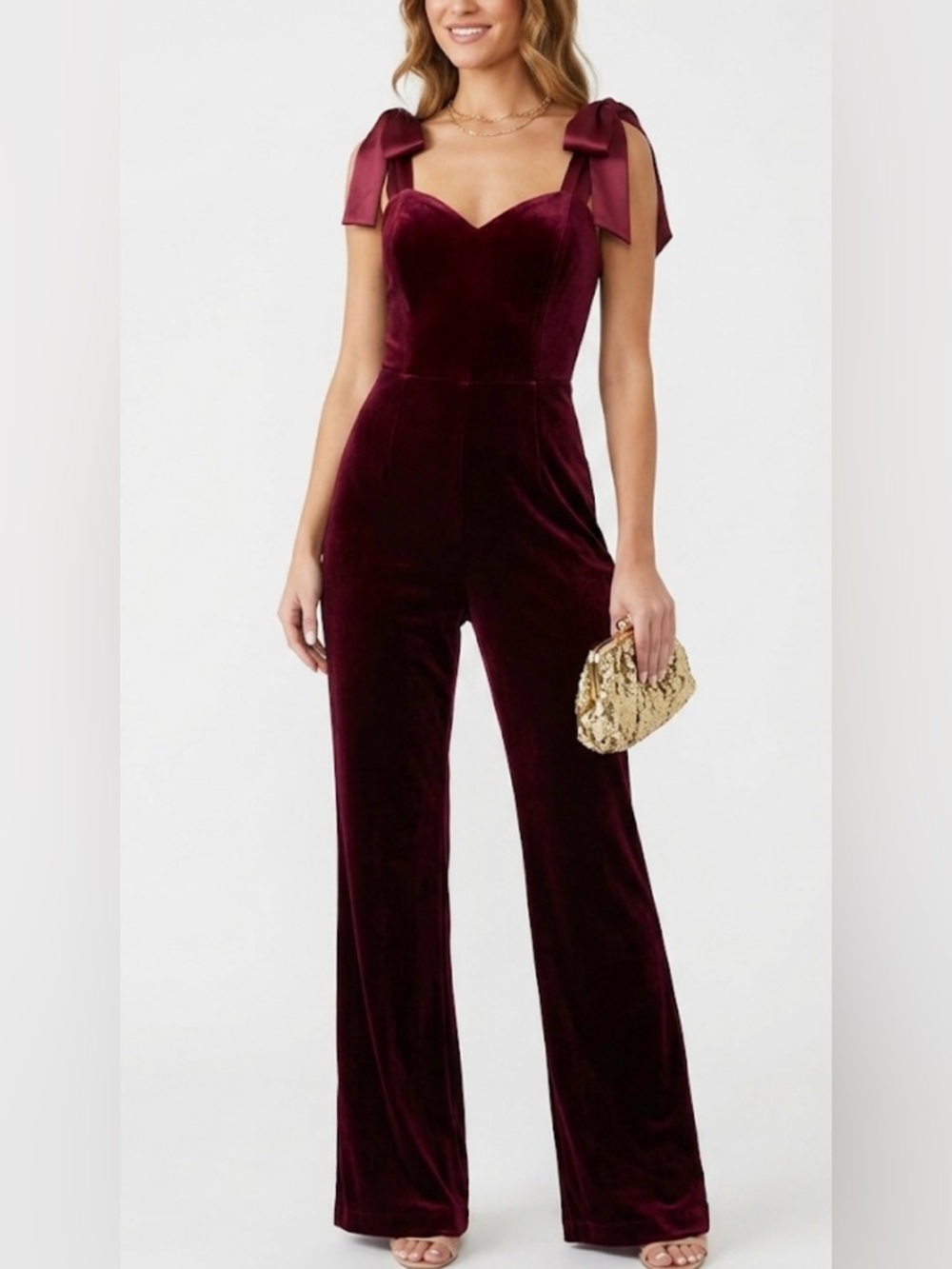 Endless Rose Velvet Tie-Shoulder Wide Leg Jumpsuit Burgundy XS